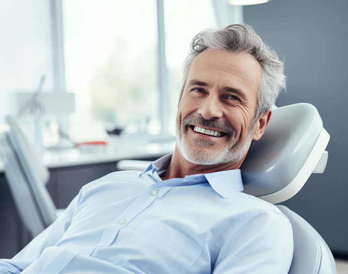 Senior man smiling and leaning back in dental chair