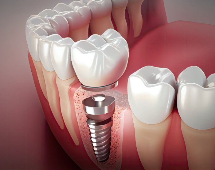 Illustration of a dental implant and a crown replacing a missing lower tooth