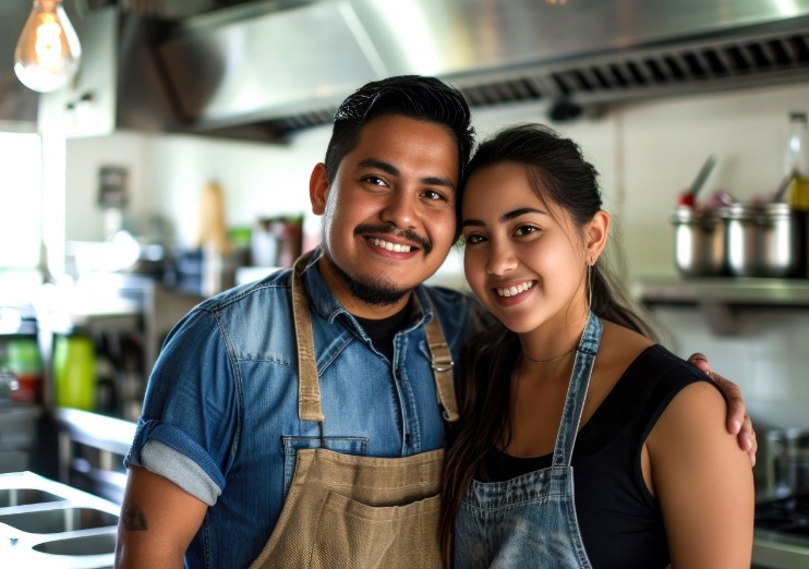 Young man and woman smiling in restaurant kitchen